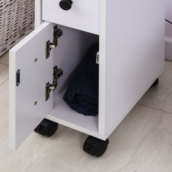 Meuble Bas Colonne Rangement Salle De Bain À Roulettes Blanc Dim. 18l X 30l X 68,5h Cm