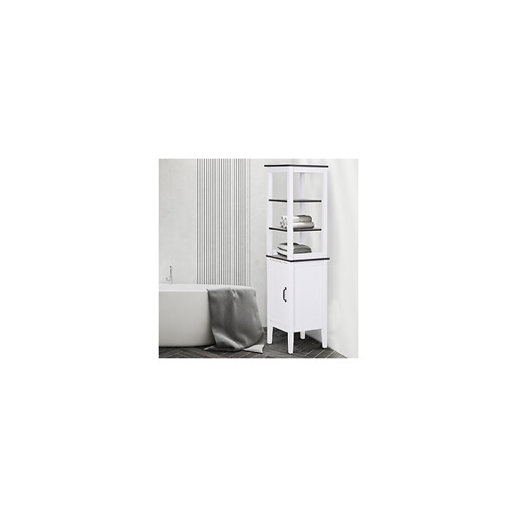 Meuble Colonne Rangement Salle De Bain Dim. 40l X 38l X 162h Cm 3 Étagères + Placard Mdf Panneaux Particules Blanc Aspect Noy