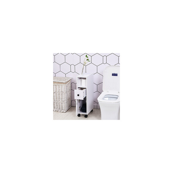 Meuble Bas Colonne Rangement Salle De Bain À Roulettes Blanc Dim. 18l X 30l X 68,5h Cm