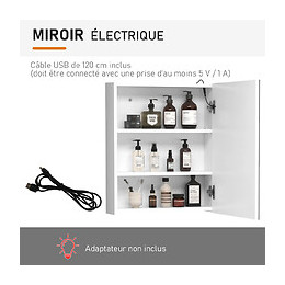Miroir Lumineux Led Armoire Murale Design De Salle De Bain 2 En 1 Dim. 50l X 15l X 60h Cm Mdf Blanc
