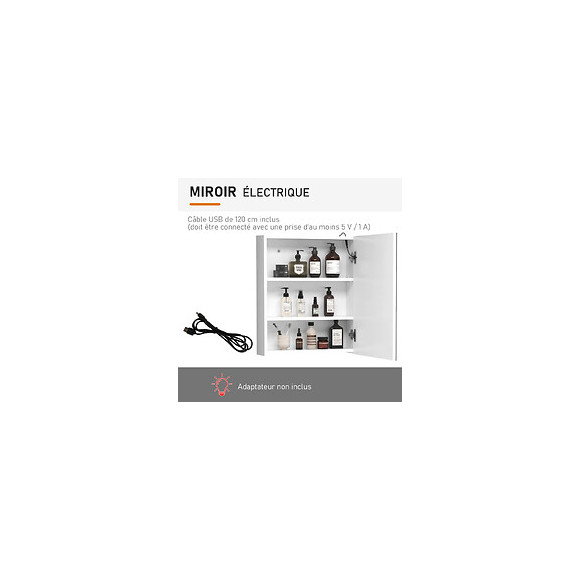 Miroir Lumineux Led Armoire Murale Design De Salle De Bain 2 En 1 Dim. 50l X 15l X 60h Cm Mdf Blanc