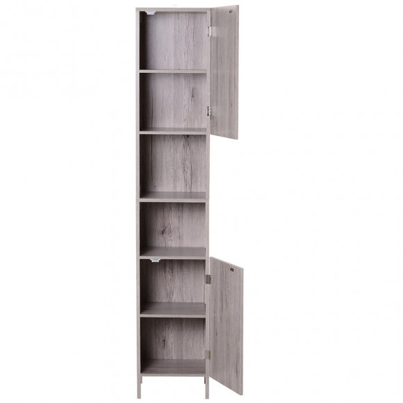 Meuble Colonne Rangement Salle De Bain Dim. 30l X 32l X 172h Cm 2 Placards Avec Étagère + 2 Niches Mdf Imitation Bois Gris