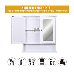 Armoire Murale Étagère Salle De Bain 56l X 13l X 58h Cm Double Porte Miroir Étagère Réglable Mdf Blanc