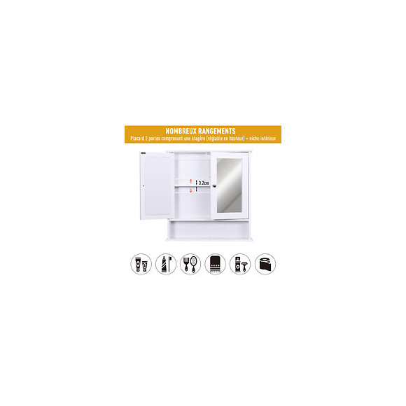 Armoire Murale Étagère Salle De Bain 56l X 13l X 58h Cm Double Porte Miroir Étagère Réglable Mdf Blanc