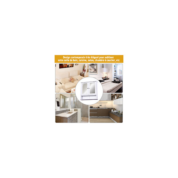 Armoire Murale Étagère Salle De Bain 56l X 13l X 58h Cm Double Porte Miroir Étagère Réglable Mdf Blanc