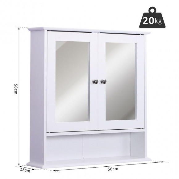 Armoire Murale Étagère Salle De Bain 56l X 13l X 58h Cm Double Porte Miroir Étagère Réglable Mdf Blanc