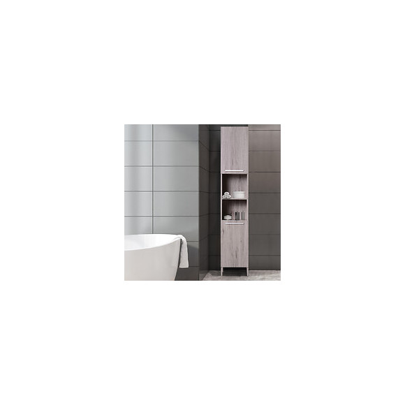 Meuble Colonne Rangement Salle De Bain Dim. 30l X 32l X 172h Cm 2 Placards Avec Étagère + 2 Niches Mdf Imitation Bois Gris