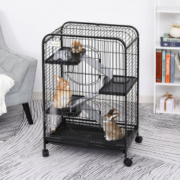 Cage Pour Petits Animaux Roulante 3 Rampes 3 Plates-formes Plat Et Bouteille D'eau Bac Inférieur Amovible Acier Pp Noire