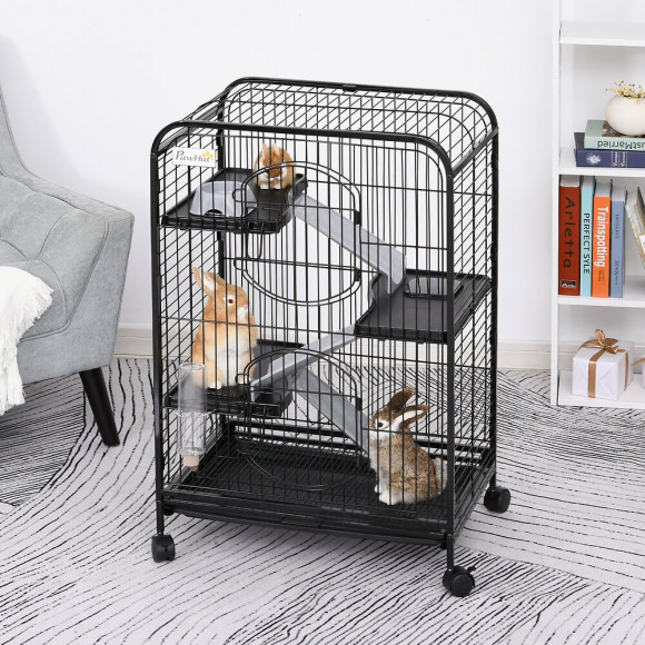 Cage Pour Petits Animaux Roulante 3 Rampes 3 Plates-formes Plat Et Bouteille D'eau Bac Inférieur Amovible Acier Pp Noire