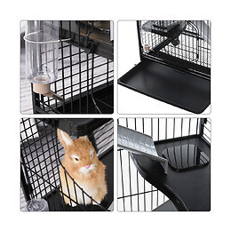 Cage Pour Petits Animaux Roulante 3 Rampes 3 Plates-formes Plat Et Bouteille D'eau Bac Inférieur Amovible Acier Pp Noire
