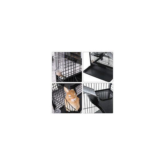 Cage Pour Petits Animaux Roulante 3 Rampes 3 Plates-formes Plat Et Bouteille D'eau Bac Inférieur Amovible Acier Pp Noire