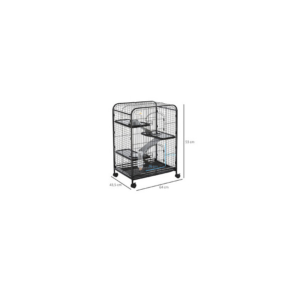 Cage Pour Petits Animaux Roulante 3 Rampes 3 Plates-formes Plat Et Bouteille D'eau Bac Inférieur Amovible Acier Pp Noire