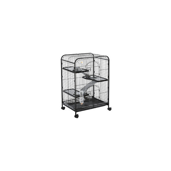 Cage Pour Petits Animaux Roulante 3 Rampes 3 Plates-formes Plat Et Bouteille D'eau Bac Inférieur Amovible Acier Pp Noire