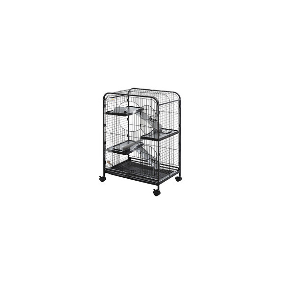 Cage Pour Petits Animaux Roulante 3 Rampes 3 Plates-formes Plat Et Bouteille D'eau Bac Inférieur Amovible Acier Pp Noire