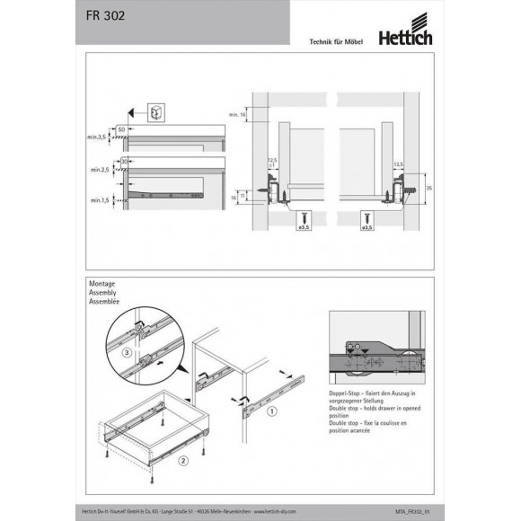 Coulisse Pour Tiroir À Galets, Hettich 12 Kg L.50 Cm