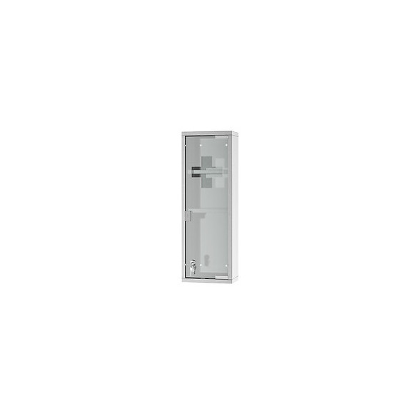 Armoire À Pharmacie 2 Étagères 3 Niveaux 20l X 12l X 58h Cm Porte Verre Trempé Symbole Croix Acier Inox.