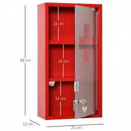 Armoire À Pharmacie 2 Étagères 3 Niveaux Verrouillable Porte Verre Trempé Dépoli Logo Croix 25l X 12l X 48h Cm Acier Rouge