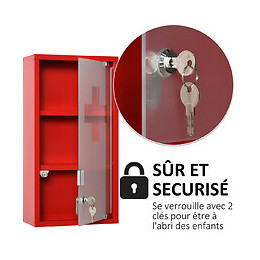 Armoire À Pharmacie 2 Étagères 3 Niveaux Verrouillable Porte Verre Trempé Dépoli Logo Croix 25l X 12l X 48h Cm Acier Rouge