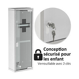 Armoire À Pharmacie 2 Étagères 3 Niveaux 20l X 12l X 58h Cm Porte Verre Trempé Symbole Croix Acier Inox.
