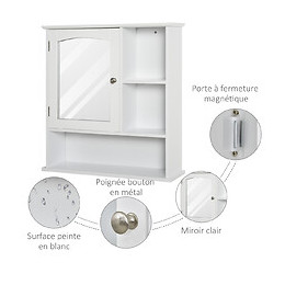 Armoire Murale Salle De Bain Armoire À Glace Placard De Rangement Toilettes 1 Porte Niche + Étagères Latérales Mdf Blanc