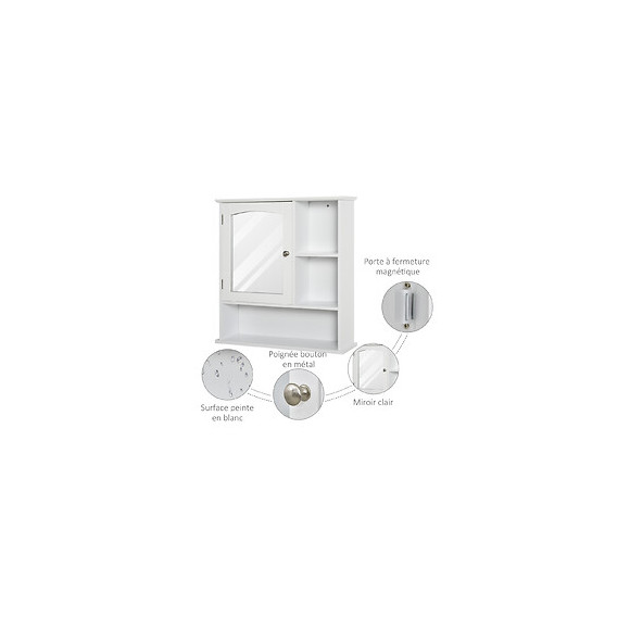 Armoire Murale Salle De Bain Armoire À Glace Placard De Rangement Toilettes 1 Porte Niche + Étagères Latérales Mdf Blanc