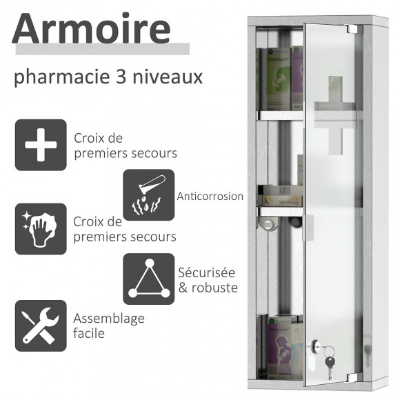 Armoire À Pharmacie 2 Étagères 3 Niveaux 20l X 12l X 58h Cm Porte Verre Trempé Symbole Croix Acier Inox.