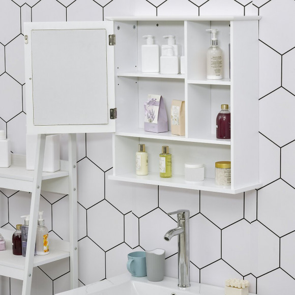 Armoire Murale Salle De Bain Armoire À Glace Placard De Rangement Toilettes 1 Porte Niche + Étagères Latérales Mdf Blanc