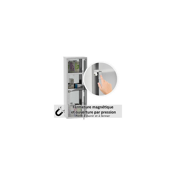 Armoire À Pharmacie 2 Étagères 3 Niveaux 20l X 12l X 58h Cm Porte Verre Trempé Symbole Croix Acier Inox.