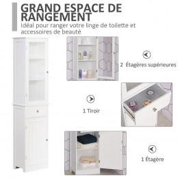 Meuble Colonne De Salle De Bain Placard Porte Acrylique 2 Étagères Placard Porte 1 Étagère Tiroir Mdf Blanc