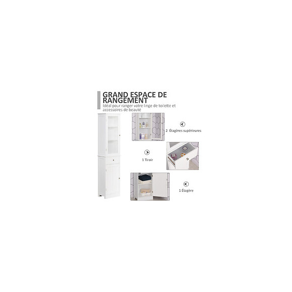 Meuble Colonne De Salle De Bain Placard Porte Acrylique 2 Étagères Placard Porte 1 Étagère Tiroir Mdf Blanc