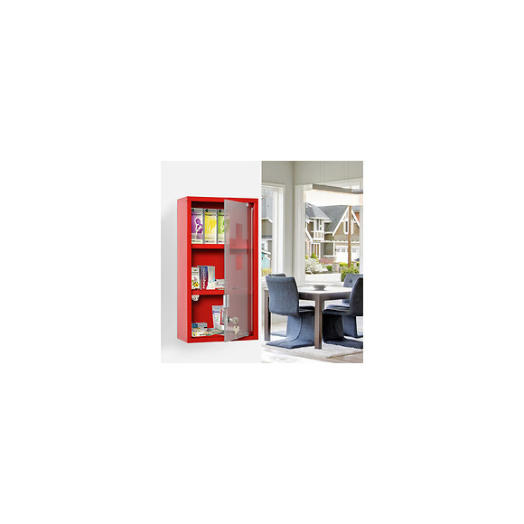 Armoire À Pharmacie 2 Étagères 3 Niveaux Verrouillable Porte Verre Trempé Dépoli Logo Croix 25l X 12l X 48h Cm Acier Rouge