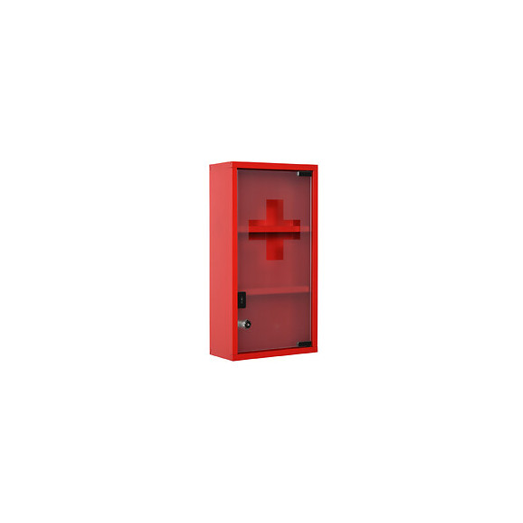 Armoire À Pharmacie 2 Étagères 3 Niveaux Verrouillable Porte Verre Trempé Dépoli Logo Croix 25l X 12l X 48h Cm Acier Rouge