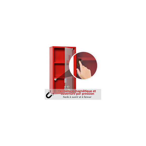 Armoire À Pharmacie 2 Étagères 3 Niveaux Verrouillable Porte Verre Trempé Dépoli Logo Croix 25l X 12l X 48h Cm Acier Rouge