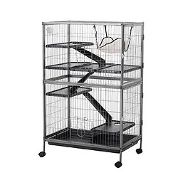 Cage Pour Rongeurs Multifonction 4 Plateformes 3 Rampes 4 Portes Dim. 80l X 52l X 128h Cm Métal Gris Argenté Noir