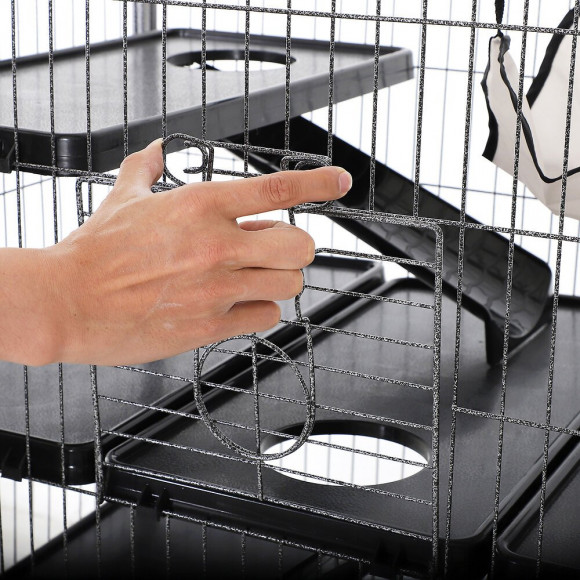 Cage Pour Rongeurs Multifonction 4 Plateformes 3 Rampes 4 Portes Dim. 80l X 52l X 128h Cm Métal Gris Argenté Noir