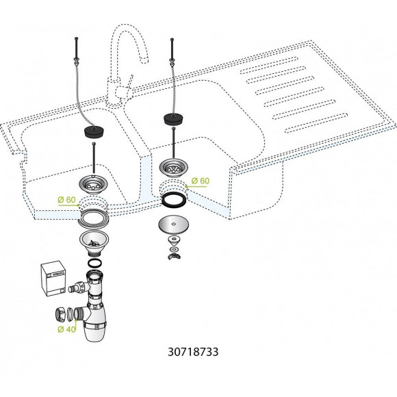 Vidage Évier, 2 Bacs, Communiquant, Diam.60 Mm
