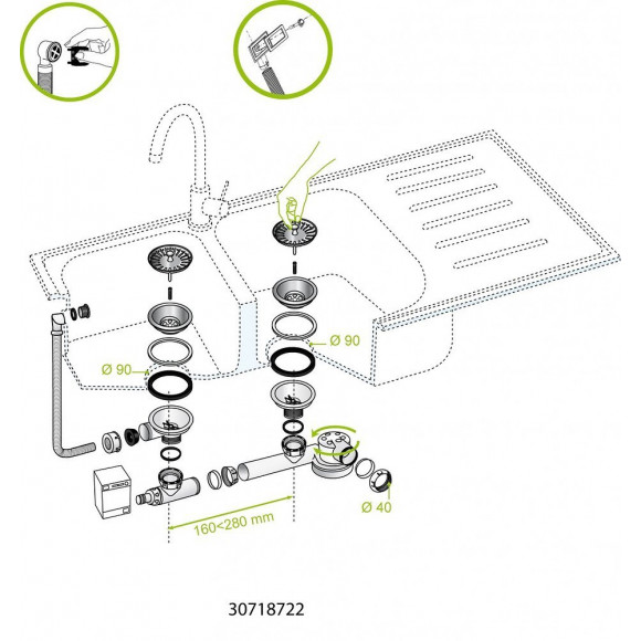Vidage Complet Évier, 2 Bacs, Diam.90 Mm
