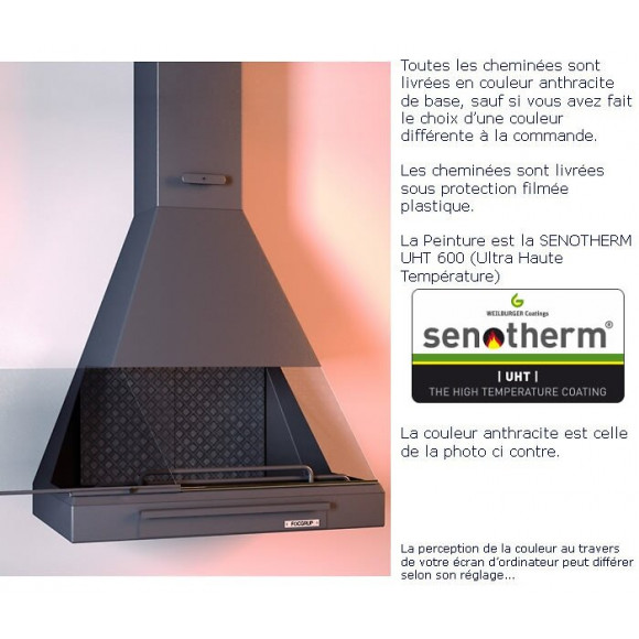 Cheminée Centrale Anthracite Avec Porte Encadrement Inox + Base Et Foyer Acier Ch91