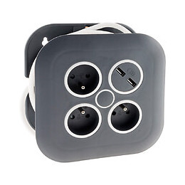 Enrouleur Domestique 3 Prises 2p+t 16a + Coupe-circuit + 2x Usb - Gris/blanc - Zenitech